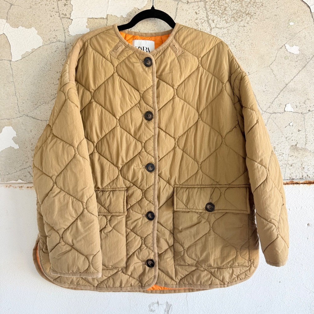 Zara Quilted Jacket Tan Khaki Oversized Button Up Puffer Liner Coat Womens S